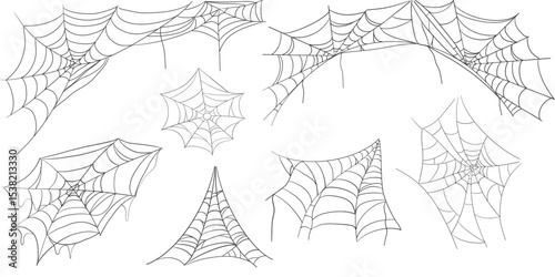 Spiderweb corner line border, gothic scary hanging net frame. Simple spooky halloween decoration. Cobweb spider trap.