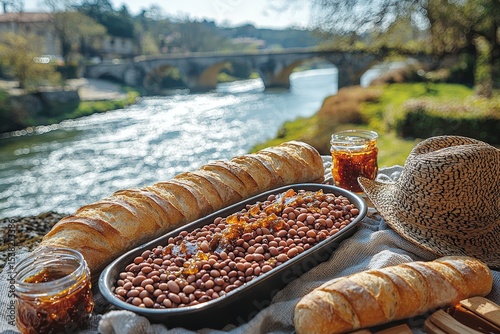 Rustic picnic by the river with fresh baguettes, honey, and beans in natural sunlight photo