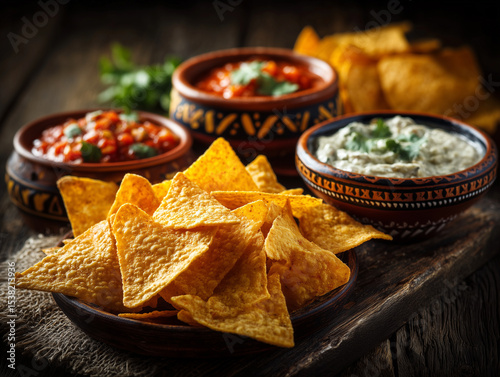 A close-up shot of a flavorful spread, featuring crispy tortilla chips and vibrant salsa dips