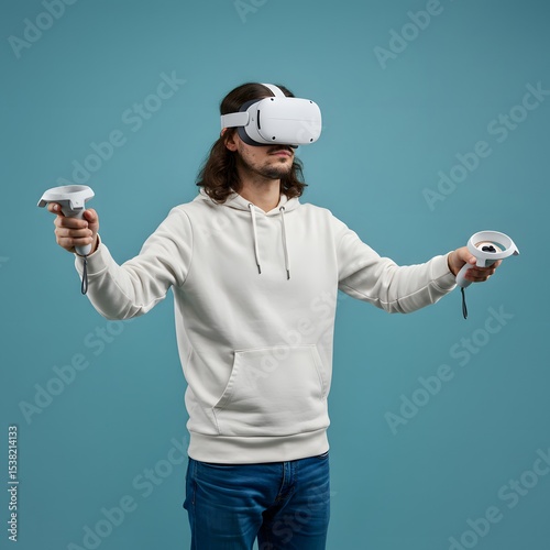 Man using virtual reality headset and controllers