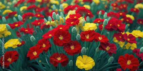 Beautiful Red And Yellow Bellis Perennis with empty space for text photo