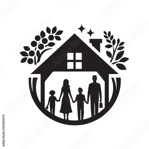 family in home vector silhouette clip art logo design illustration