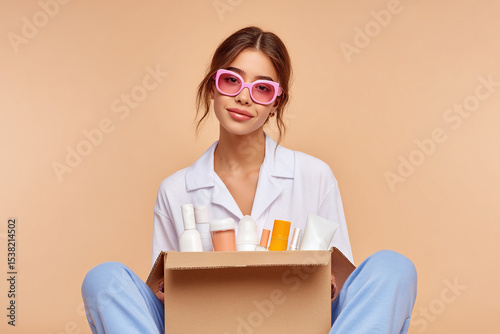 Woman holding a box of various skincare products. She is wearing pink sunglasses and pajamas while sitting against a beige background.