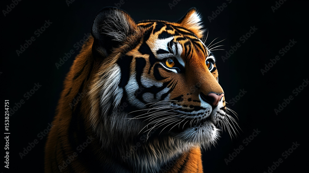 Close-up of a tiger's head against a black backdrop. Close-up of a tiger's head against a black backdrop.