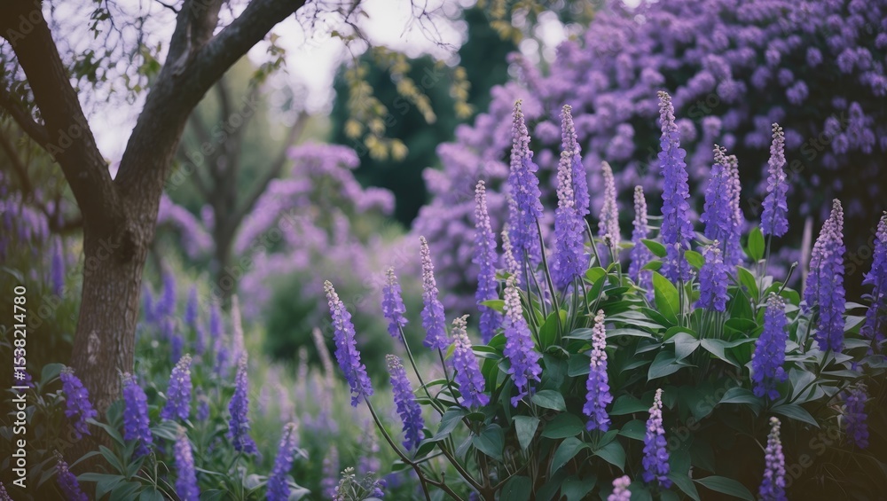 Obraz premium Beautiful purple flowers on trees in the garden with empty space for text.