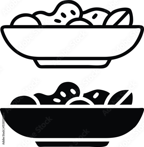 Grayscale Minimal Line Art Salad Bowl Icon – Flat Lay Vector Food Illustration