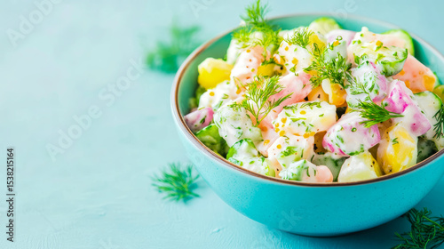 Creamy spring potato salad in turquoise ceramic bowl, perfect cold side dish for barbecue, picnic or casual outdoor lunch
