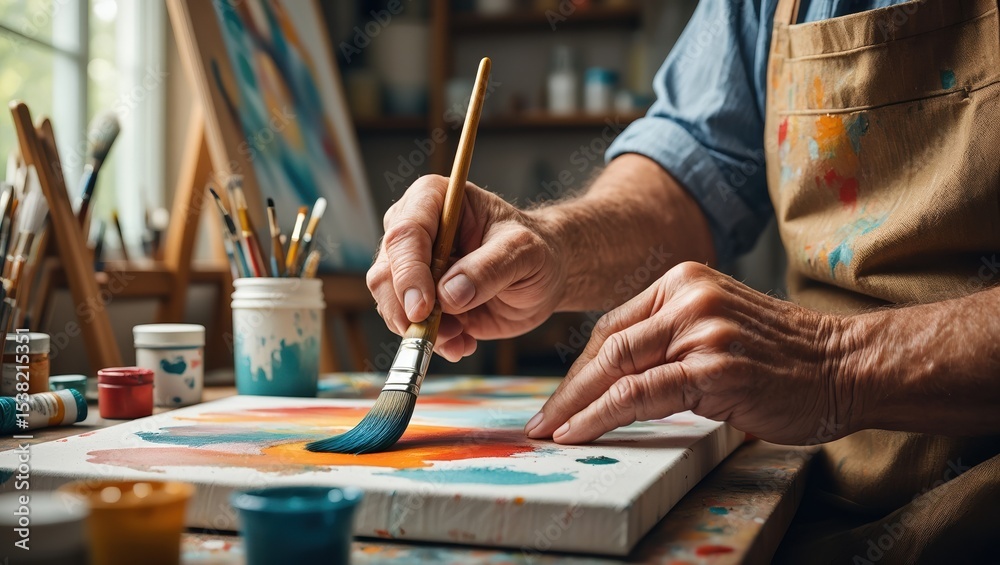 Fototapeta premium Artist's hands skillfully painting vibrant colors on canvas in a well-lit studio, surrounded by brushes and paint containers, showcasing the creative process and artistic expression