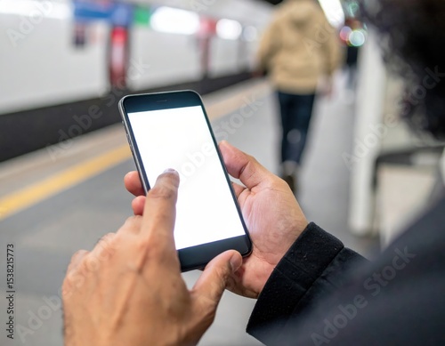 Man using smartphone at subway station