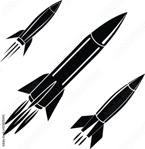 A metallic fountain pen illustrates business with a set of isolated vector space rocket icons