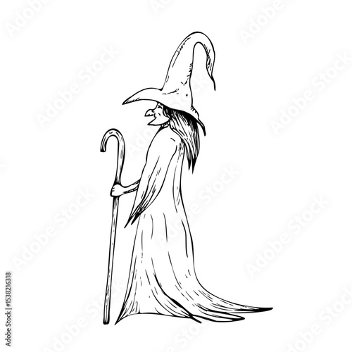 Vector halloween walking old wicked witch with crutch and hat. Hand painted linear wizard cap illustration. Graphic monochrome sketch isolated on background. For designers, prints, logo, icon, menu