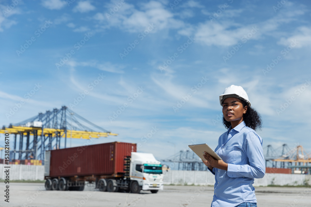 A female logistics officer in a hard hat observes cargo operations at a shipping port. Holding a tablet, she monitors container trucks and cranes involved in global transport and export logistics. A female logistics officer in a hard hat observes cargo operations at a shipping port. Holding a tablet, she monitors container trucks and cranes involved in global transport and export logistics.