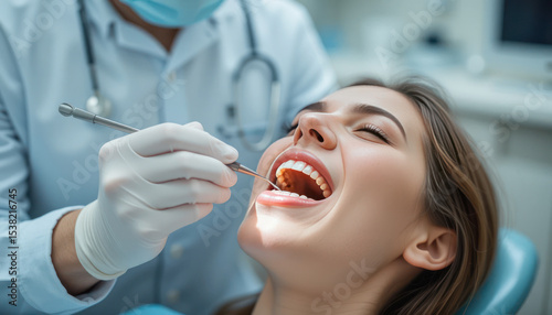 Dentist examines patient’s teeth in bright clinic, showcasing professional dental care and patient comfort during oral examination