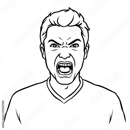 Angry man avatar with open mouth and furrowed brows. This angry face illustration shows intense emotion, perfect for expressing frustration or anger in online communication.