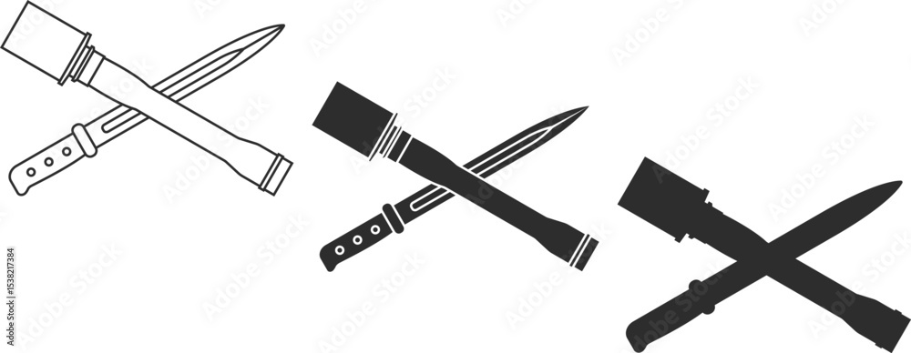Obraz premium Set of icons of crossed grenades and assault knife at an angle of 60 degrees, icons in the form of a line, isolation and silhouette in black colors, icon symbol of an assault rifle and close combat.