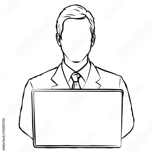 Online status indicator shows businessman using laptop.  Status icon represents online presence and availability.  Simple online status concept for website interface, app design,