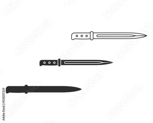 Assault knife icons in three versions, legion, isolation, black silhouette, army, combat, assault knife icon.