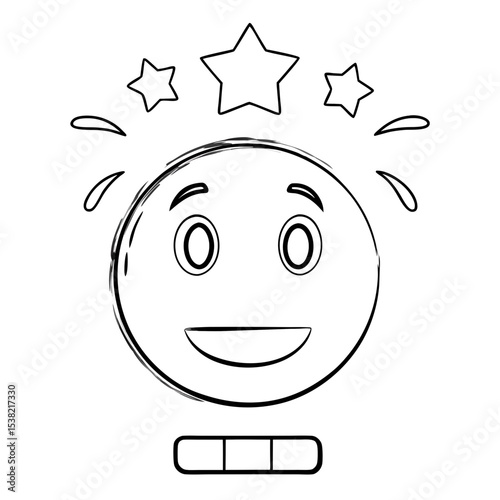 Happy emoticon with stars and sweat drops.  Positive emoji with starburst effect and simple design.  Cheerful smiley face for social media reactions, app interfaces, or website design.