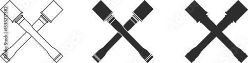 Set of icons of crossed German grenades from the Second World War, at an angle of 45 degrees, grenade icon symbolizing assault actions, icons in three versions, line, isolation, silhouette in black.