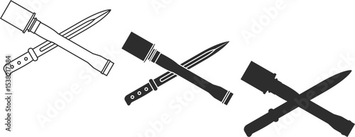 Set of icons of crossed grenades and assault knife at an angle of 60 degrees, icons in the form of a line, isolation and silhouette in black colors, icon symbol of an assault rifle and close combat.