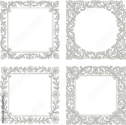 A vector set of ornate vintage frames with floral borders and decorative swirl elements