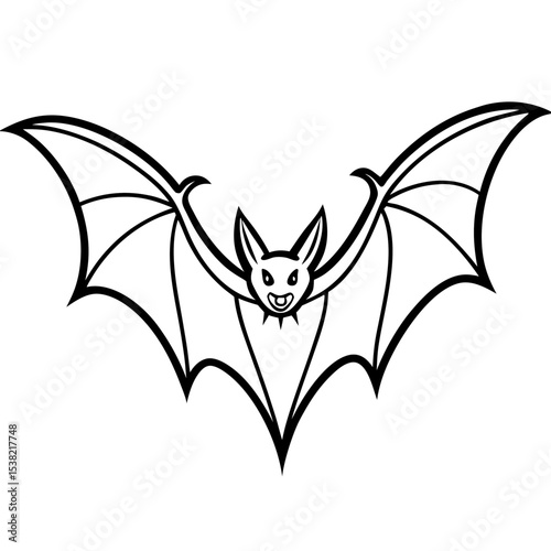 Flying Bat with Outstretched Wings in Symmetrical Line Art