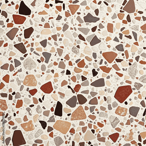 Vibrant Terrazzo Texture, A seamless terrazzo floor multicolored reds, browns, grays, beiges, off-whites light beige cream background vector texture.