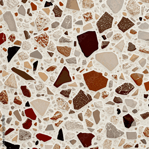 Elegant Terrazzo Vector Texture, A seamless terrazzo floor multicolored reds, browns, grays, beiges, off-whites light beige cream background vector texture.