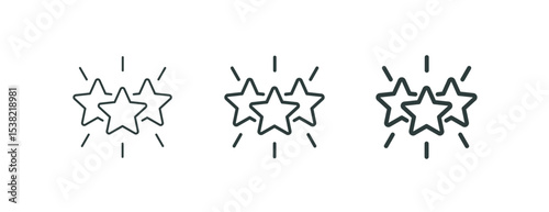 Premium 3 stars, shining excellence award, outline icons. Line signs sparkling three five-pointed stars with rays. Vector isolated pictograms for web and app on white background editable stroke.