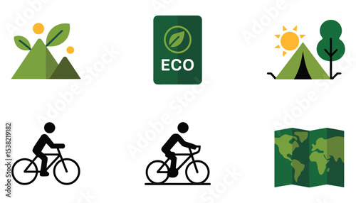 A vibrant set of flat ecology icons illustrates people enjoying activities like cycling and mountain biking