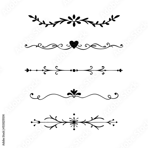  Decorative simple divider. Text dividers retro minimal line separators, Vector isolated geometric wedding card heart separator elements set. Text dividers. . Hand drawn vector illustration.