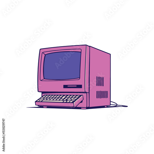 A retro personal computer from the 80s vector illustration a fun and colorful vintage pink PC with a purple screen for nostalgic tech themes