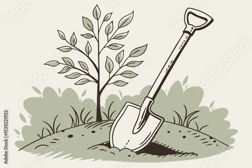 Planting a sapling a gardening shovel nestled in earth beside a young tree showcasing nature and growth