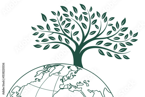 A flourishing green tree atop the Earth globe symbolizes environmental growth and global sustainability for eco-friendly branding designs.