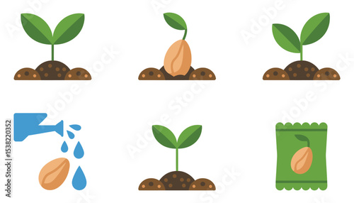 A vector set of green plant and gardening tool icons illustrating nature's growth and environmental life