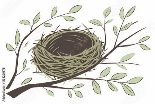 A delicate bird nest nestled in a leafy branch creates a charming nature design perfect for branding logos and spring themed projects