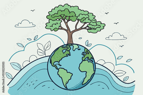 Sustainable Earth design featuring a tree on a globe surrounded by nature elements perfect for eco-friendly branding and logo creation