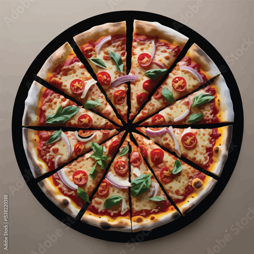 Delicious Pizza Slices with Tomatoes Onions and Basil on a Black Plate