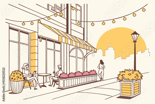 Charming cafe scene at sunset featuring people relaxing outdoors near a stylish building with string lights creating a cozy ambiance perfect for branding and design projects
