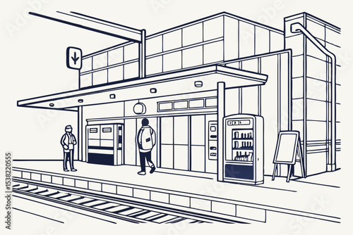 Stylish Train Station Design Featuring Passengers Waiting and Vending Machines Awaiting Travelers