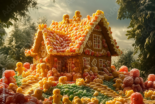 Detailed gingerbread house decorated with candies and small figures.