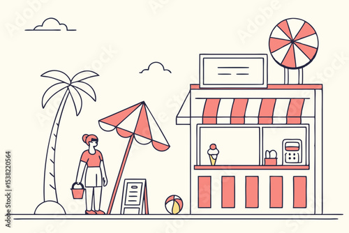 Beachfront kiosk design featuring a summery aesthetic with a palm tree, beach umbrella, and happy customer enjoying a refreshing treat.