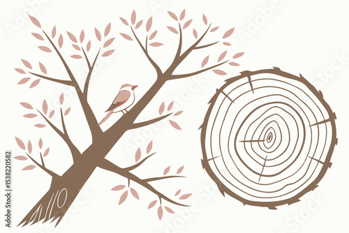 Elegant tree branch design featuring a bird and tree rings perfect for logo branding nature themed projects and creating beautiful patterns