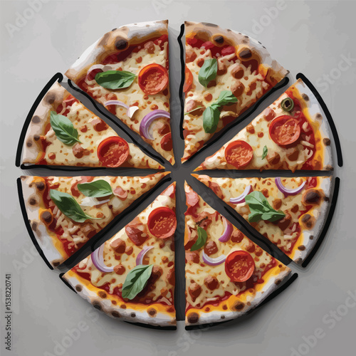 Delicious Pepperoni Pizza Slices with Basil and Red Onion on a Plate