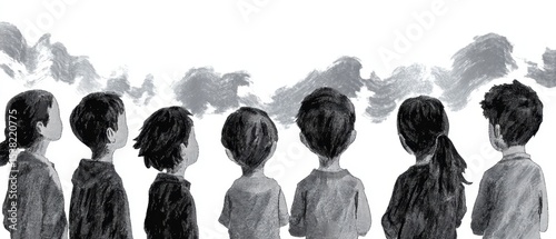 Children stand together, gazing at distant horizon, their silhouettes outlined against cloudy sky, evoking sense of wonder and curiosity