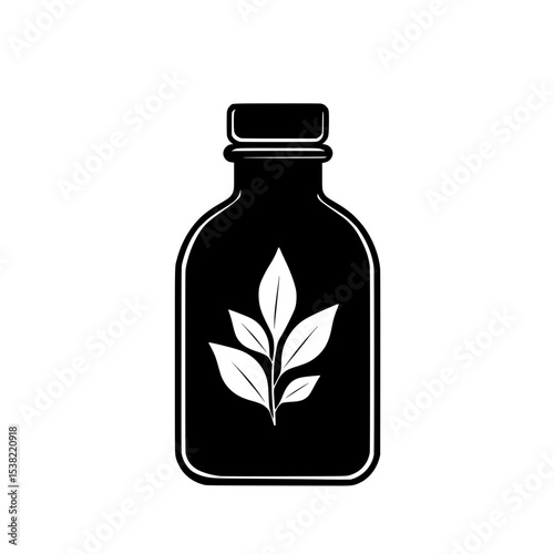 Herbal Medicine Bottle Icon with Leaf Symbol, Minimal black silhouette of a bottle featuring a white leaf design, representing herbal remedies, essential oils, or natural medicine.

