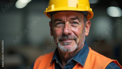 A grown man still works in the factory in a shirt and an orange vest and a yellow helmet