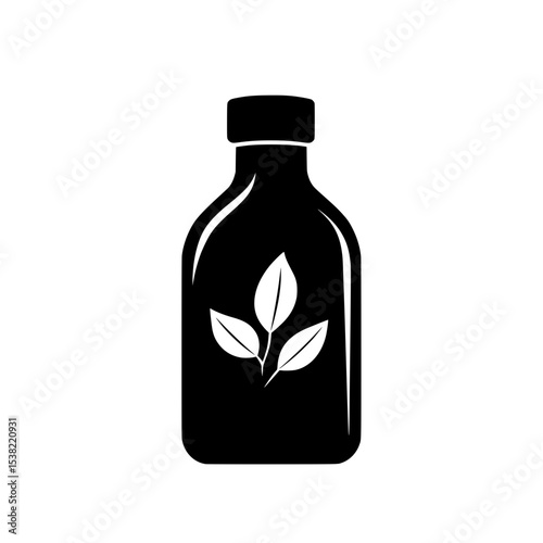 Herbal Medicine Bottle Icon with Leaf Symbol, Minimal black silhouette of a bottle featuring a white leaf design, representing herbal remedies, essential oils, or natural medicine.

