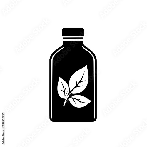 Herbal Medicine Bottle Icon with Leaf Symbol, Minimal black silhouette of a bottle featuring a white leaf design, representing herbal remedies, essential oils, or natural medicine.

