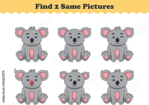 Funny cartoon koala. Find two same pictures. Educational game for children. Cartoon vector illustration